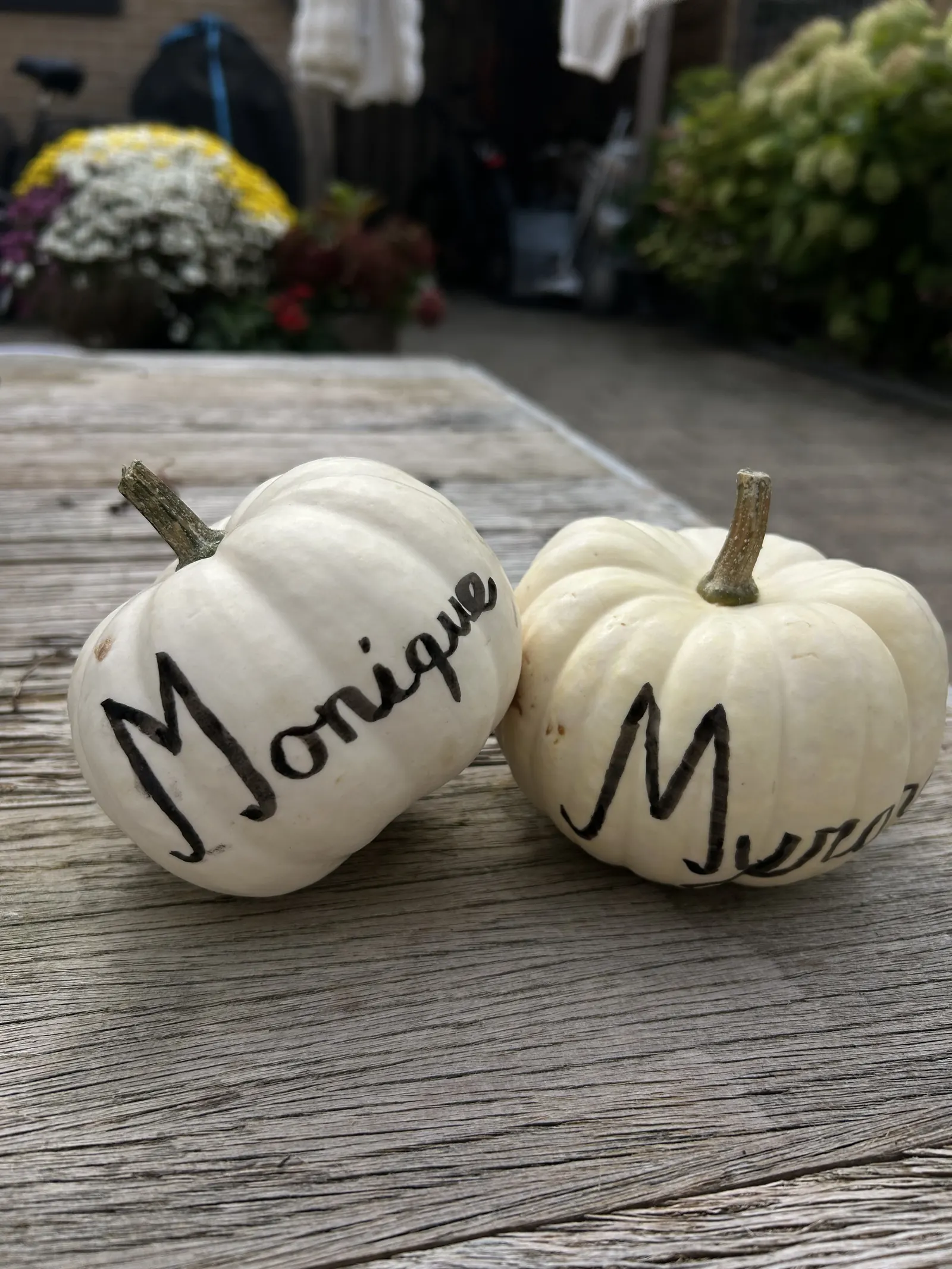 Twee witte minipompoenen met een handgeschreven naam als naamkaartje