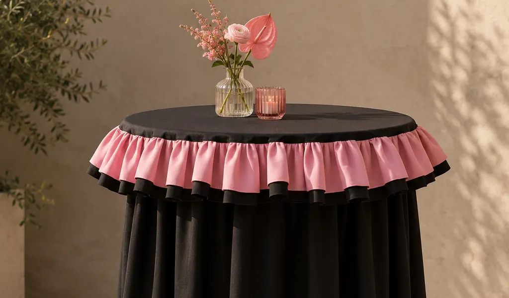 Statafel met een zwarte statafelrok met roze ruches en een vaasje roze bloemen