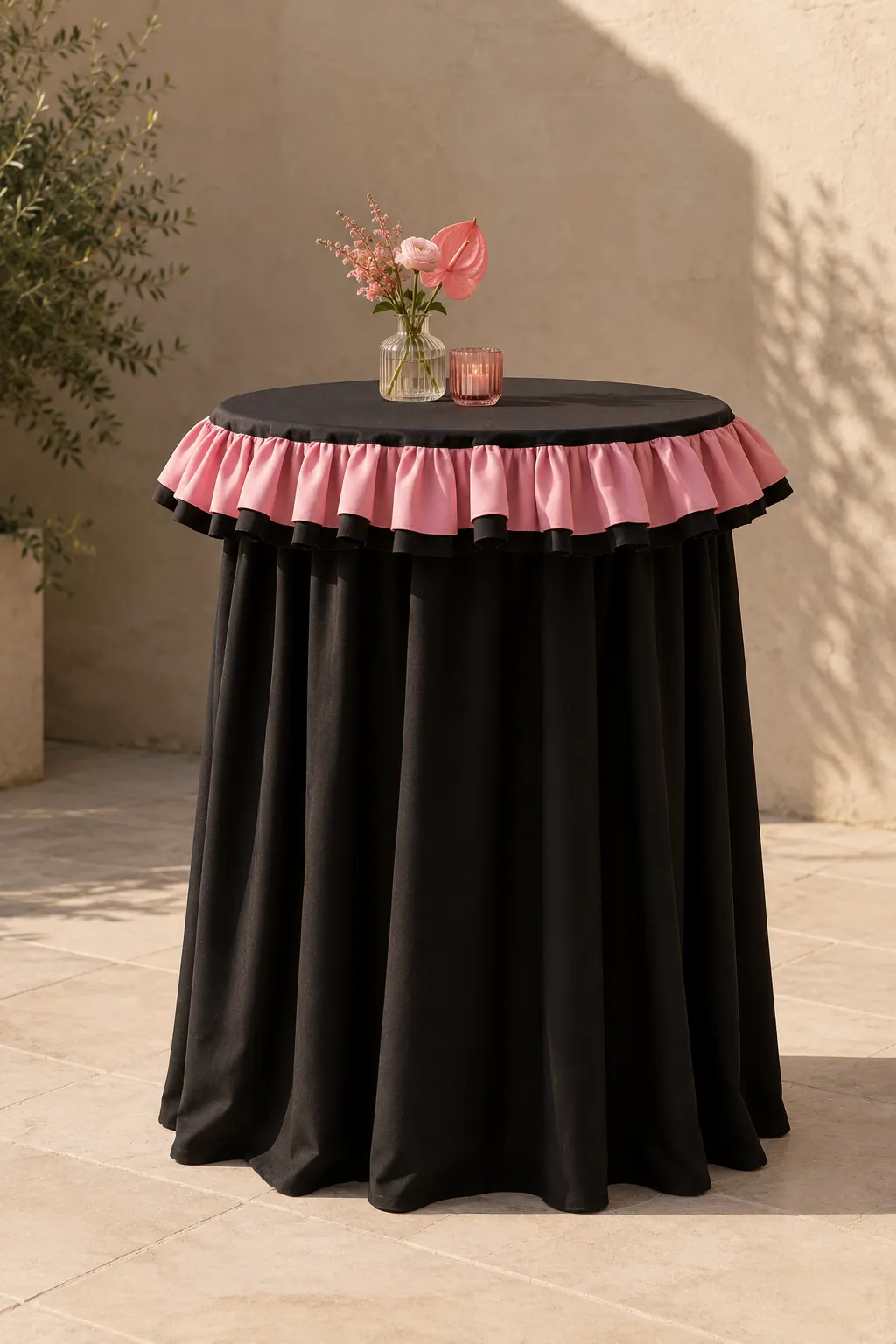 Statafel met een zwarte statafelrok met roze ruches en een vaasje bloemen